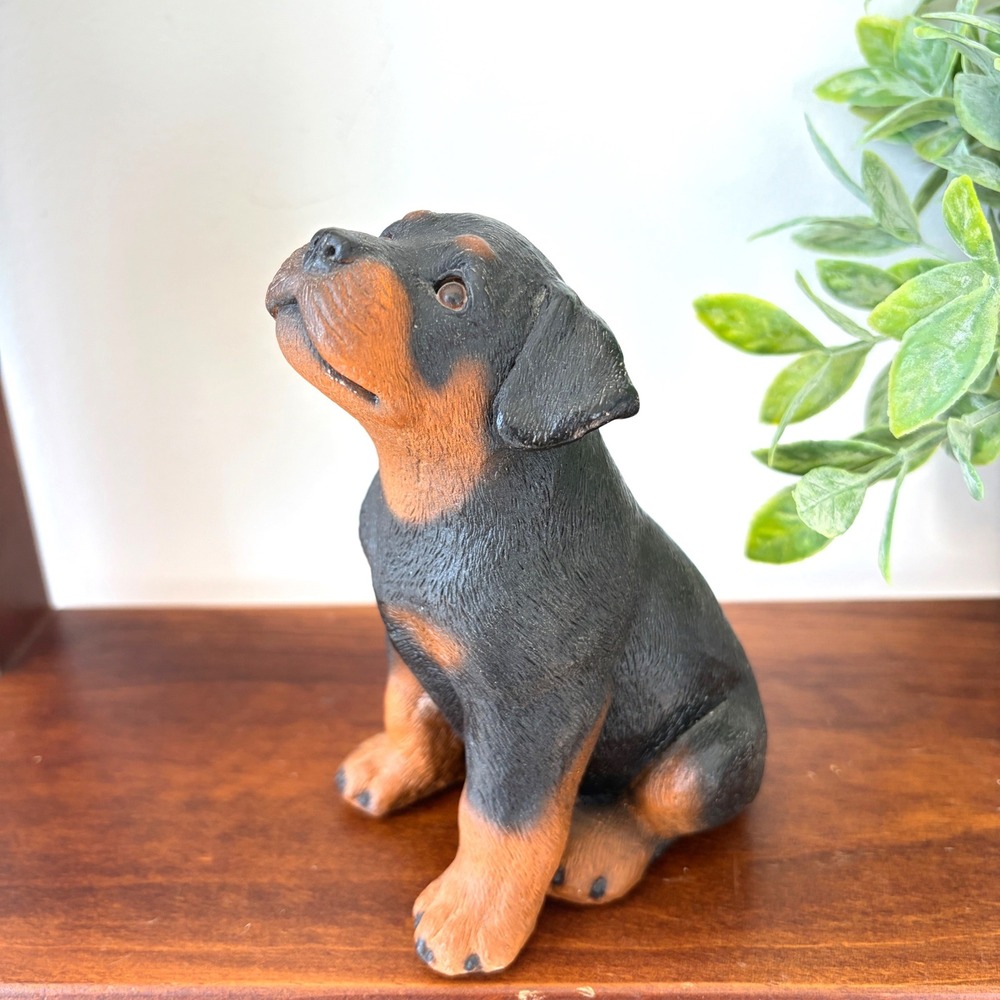 Vintage Rottweiler Puppy Dog Figurine Black Tan Sitting Statue 5.25 Inch